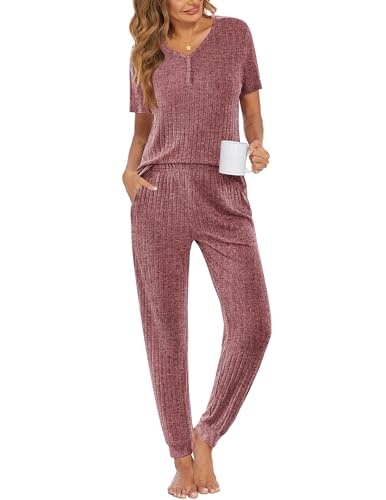 Ekouaer Pajama Sets for Womens 2 Piece Jogger Pants Lounge Set - color: Wine Red, size: Medium
