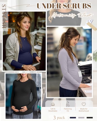 Neer 3 Pack Maternity Under Scrub T Shirt Long Sleeve Undershirt - color: Black, Light Gray, Navy Blue, size: X-Large