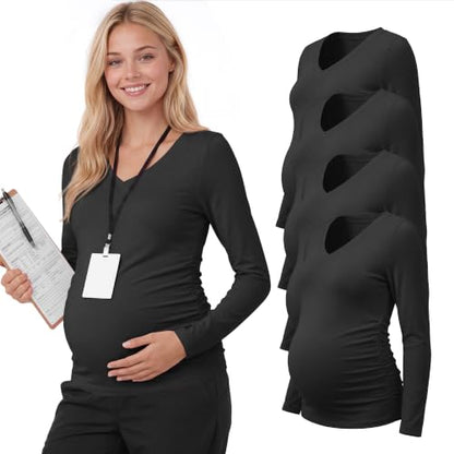Neer 4 Pack Maternity Long Sleeve V Neck Under Scrub Tops - color: Black*4, size: X-Large