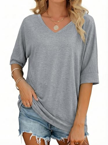 Totatuit Womens Oversized T Shirts Short Sleeve V Neck Basic Tees Tops - color: Grey, size: Small