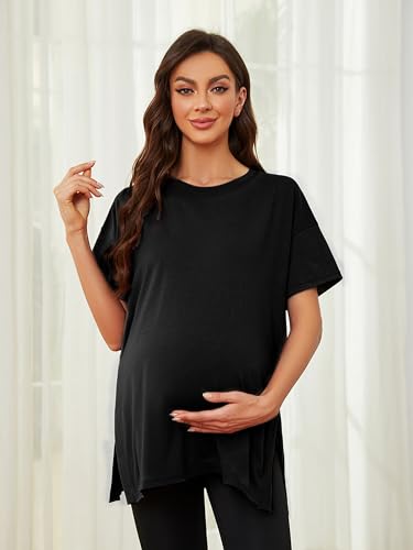 Ecavus Maternity Shirts Side Split Soft Cotton Loose Fit Pregnancy Tops - color: Black, size: Large