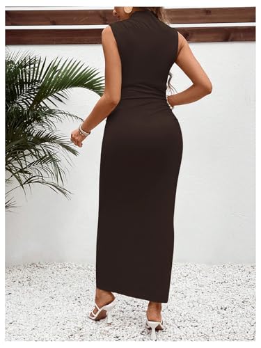 OYOANGLE Women's Maternity Mock Neck Sleeveless Ruched Bodycon Maxi Dress - color: Deep Brown, size: Medium