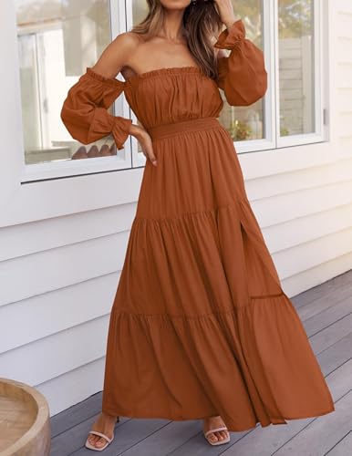 ZESICA Womens Fall Long Sleeve Boho Off Shoulder Maxi Dresses - color: Caramel, size: X-Large