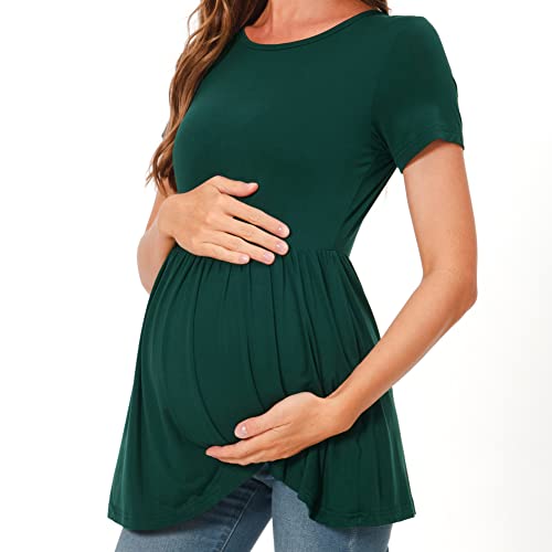Bearsland Short Sleeve Maternity Top - color: Green & Light Grey & White Flower, size: Small