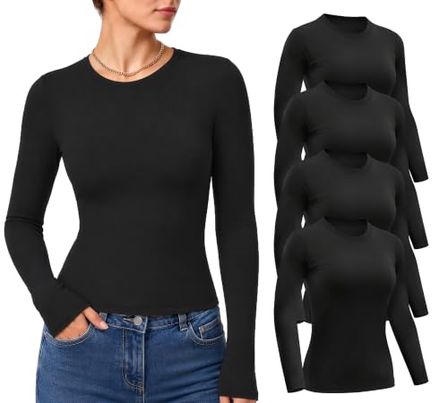 Dalavch 4 Pack Women's Long Sleeve Shirts Slim Fit Underscrub Tops - color: 4 Black, size: X-Small