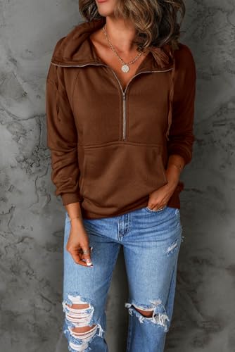 PRETTYGARDEN Women's Casual Long Sleeve Sweatshirt Half Zip Pullover Tops - color: Brown, size: Large