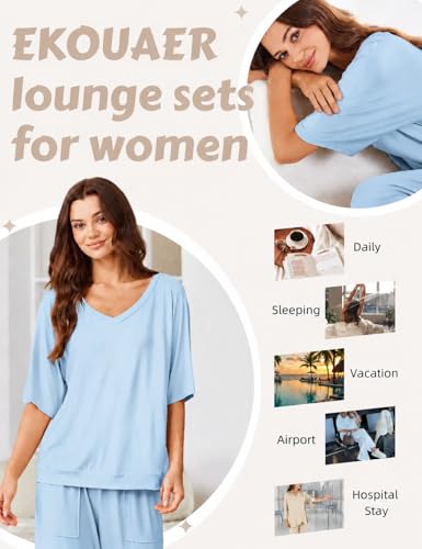 Ekouaer Lounge Sets for Women Comfy Pajamas Set 2 Piece Outfits - color: Clear Blue, size: Large