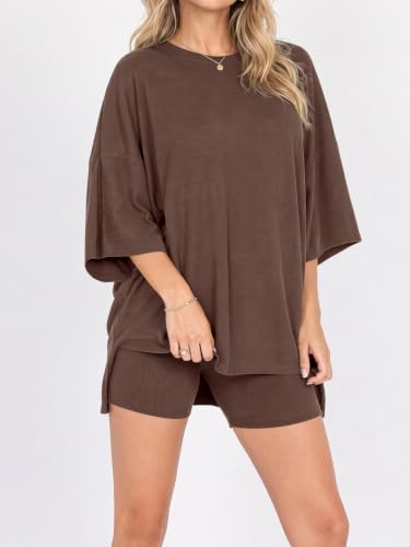 Fisoew Womens 2 Piece Lounge Set Ribbed Oversized T-Shirt Biker Shorts - color: Brown, size: Large