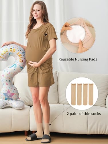 DANSHOW Women Nursing Pajamas Set Breastfeeding Loungewear - color: Brown, size: Medium