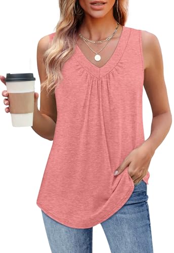 OFEEFAN Tank Top for Women Loose Fit Sleeveless Shirts V Neck Summer Clothes Ruched Women's Tees and Tanks Curved Hem - color: Coral, size: XX-Large