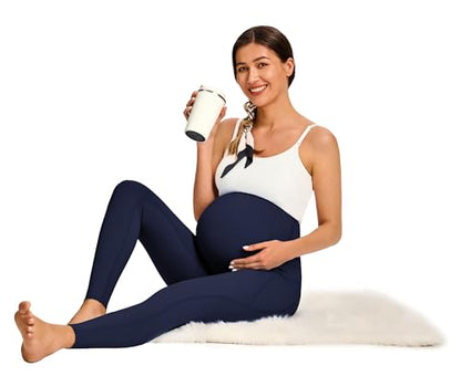 JOYSPELS Smooth Feeling Maternity Workout Leggings with Pockets Pregnancy Pants Over The Belly - color: Navy, size: Large