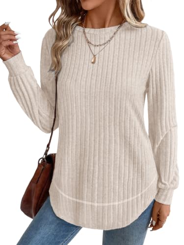OFEEFAN Womens Sweaters Crew Neck Tunic Tops Long Sleeve Shirts Curved Hem - color: A-khaki, size: Medium