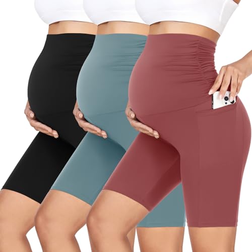 GROTEEN 3 Pack Women's Maternity Shorts with Pockets Over the Belly - color: Black/Blackish Green/Pink, size: Medium