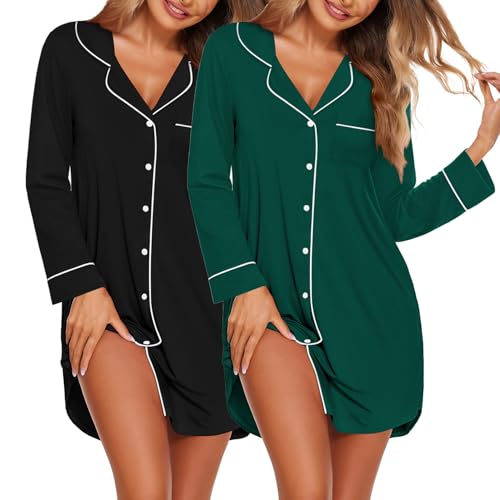 Ekouaer 2 Pack Nightgowns for Women Long Sleeve Button Down Sleep Shirt - color: Black/Green, size: Medium