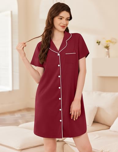 Ekouaer Womens Cotton Nightgowns Button Down Sleep Shirts Soft Night Shirts - color: Red, size: Medium