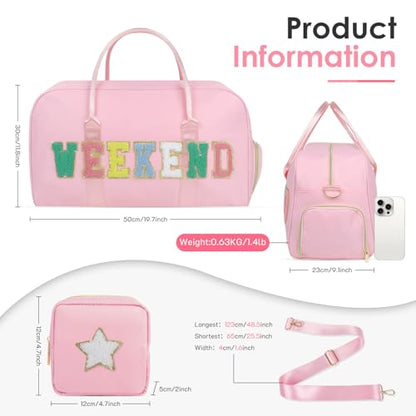 2 Pcs Weekend Duffel Bag with Shoes Compartment Cosmatic Bag for Travel Vacation Overnight Carry on - color: Pink/Weekend