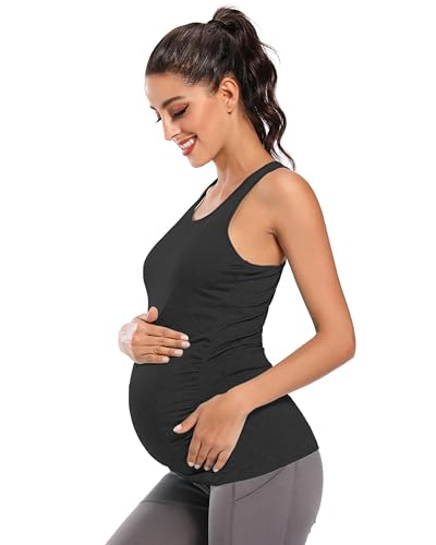 Ecavus Women's Maternity Tank Tops Racerback Ruched Workout Top - color: 01-black, size: Small