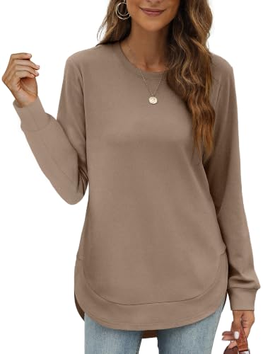 OFEEFAN Womens Sweatshirt Crewneck Long Sleeve Shirts High Low Tops Curved Hem - color: A-coffee, size: Medium