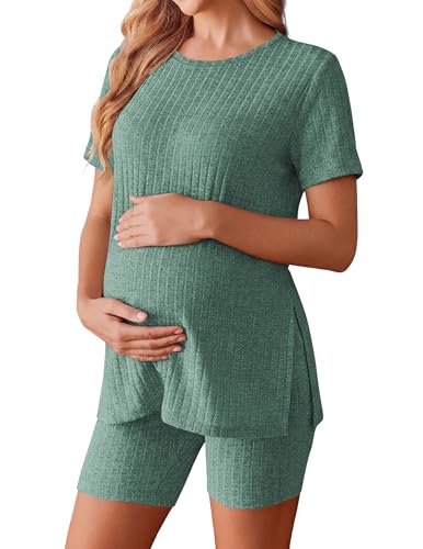 Ekouaer Women's Maternity 2 Piece Sets Short Sleeve Shirts and Biker Shorts - color: Green, size: X-Large