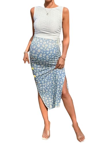 Milumia Women's Maternity Two Piece Set Tank Top and Floral Midi Skirt Sets - color: Blue Multi, size: X-Large