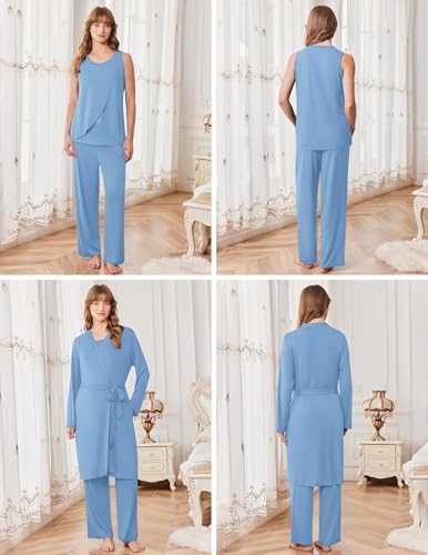 Ekouaer Maternity Pajamas Nursing Robe Set 3 Pieces Post Partum Lounge Sets - color: Light Blue, size: Medium