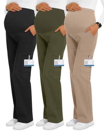 3 Pack Women's Maternity Scrub Pants with 6 Pockets - color: Black, Army Green, Khaki, size: X-Large