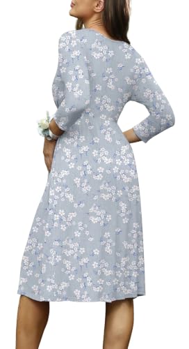 Fall Maternity Midi Dress V Neck 3/4 Sleeve Baby Shower - color: White Flowers, size: Small