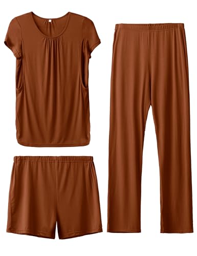SUNNYBUY Womens Maternity Nursing Pajamas Set 3 Piece Breastfeeding PJS - color: Brown, size: Medium