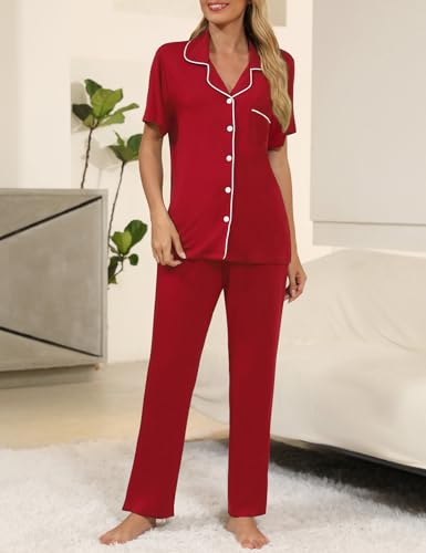 Senert Womens 2 Piece Pajamas Set Button Down Top and Pants Soft Sleepwear - color: Wine Red, size: Small