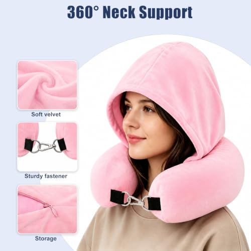 Stuffable Travel Neck Pillow with Hood, Soft Velvet Fabric,Pink - size: Type E