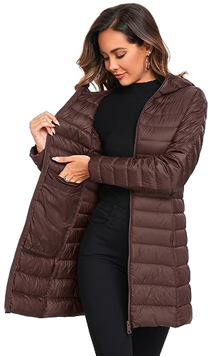 Obosoyo Women's Winter Packable Down Jacket Plus Size Ultralight Long Down Outerwear Puffer Jacket Hooded Coat - color: Coffee, size: X-Large