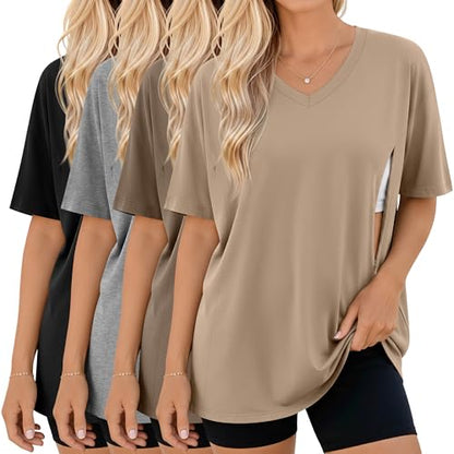 4 Pack Women's Oversize Nursing Tops - color: Khaki, Light Brown, Light Gray, Black, size: Medium