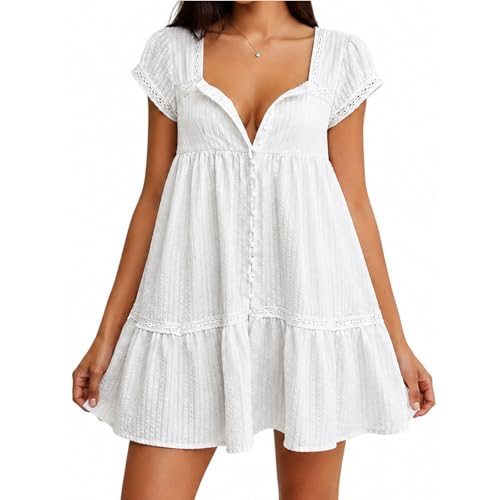 Womens Summer Square Neck Ruffle Hem Casual Babydoll Mini Dress - color: Ivory, size: Large