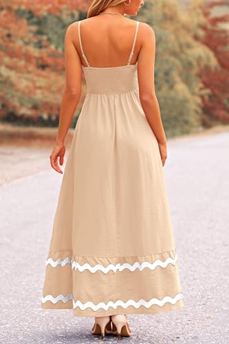 PRETTYGARDEN Women's Summer Spaghetti Strap Boho Maxi Dress - color: Beige, size: Large