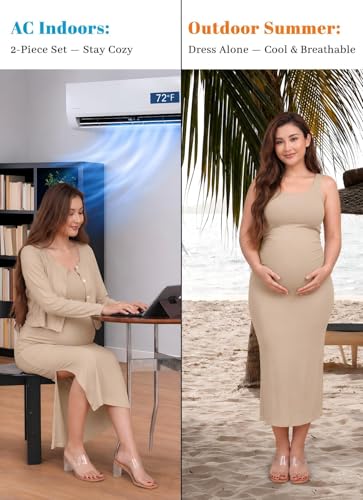 Rnxrbb 2 PCS Maternity Dress Cardigan Set Bodycon Dresses for Women Long - color: Light Coffee, size: Medium