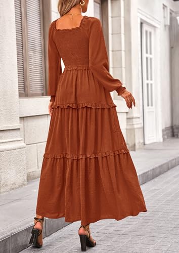 PRETTYGARDEN Women's Smocked Long Sleeve Maxi Dress Wedding Guest Dresses - color: Brown, size: Medium