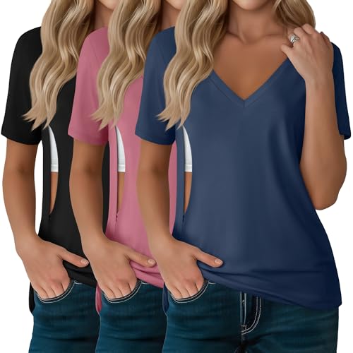 3 Pack Women's Nursing Tops Breastfeeding Shirts - color: Black, Dark Pink, Dark Blue, size: Medium