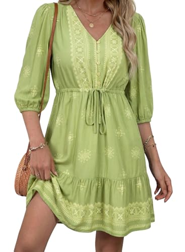 BLENCOT Women's Casual V Neck Button Down Half Long Sleeve Boho Flowy Floral Printed Mini Dress Summer Dresses Maternity - color: Green, size: Small