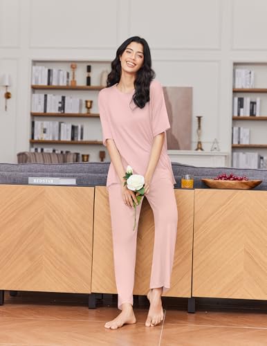 Ekouaer Women's Lounge Sets Short Sleeve Top Long Pants 2 Piece Outfit Set - color: Light Pink&light Green, size: X-Large