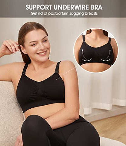 HOFISH 3PACK Full Bust Seamless Nursing Maternity Bras Bralette S-XXL with Extra Bra Extenders & Clips - color: 3pack: Black/Grey/Elegant Pink, size: Medium