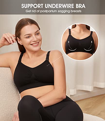 HOFISH 3PACK Full Bust Seamless Nursing Maternity Bras Bralette S-XXL with Extra Bra Extenders & Clips - color: 3pack: Black/Grey/Elegant Pink, size: Medium