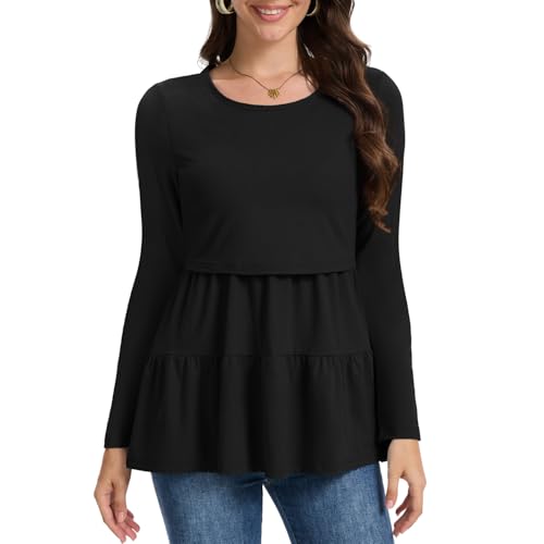 Bearsland Long Sleeve Nursing Top - color: Black & Iron Gray & Tea Brown, size: X-Large
