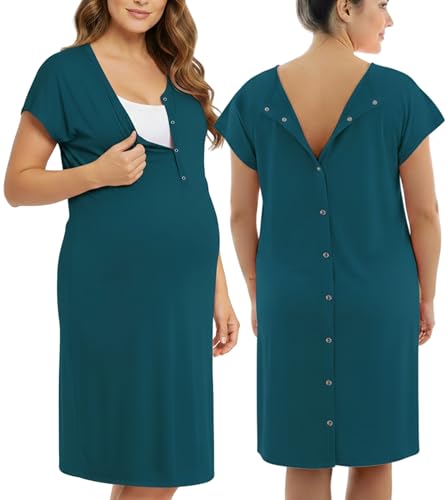 PATPAT Maternity Labor and Delivery Gown, Womens Hospital Gown with Pockets - color: Teal, size: Medium (Fit S/M)