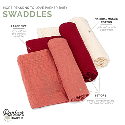 Parker Baby Co. Soft Muslin Baby Swaddle Blankets, 3 Pack - Rose Set - color: Rose