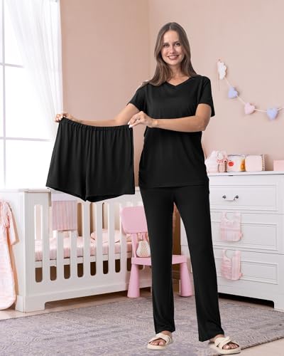 Rnxrbb 3 Piece Maternity Nursing Pajamas Set for Women Postpartum Pjs - color: Black, size: Medium