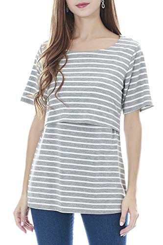 Smallshow Women's Maternity Nursing Tops Short Sleeve Breastfeeding Clothes - color: Grey Stripe/Dim Grey/Black(3 Pack), size: X-Large