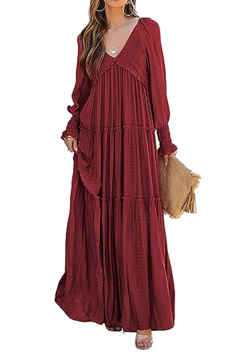 R.Vivimos Long Sleeve V Neck Flowy Maxi Dresses for Women - color: Burgundy, size: Medium