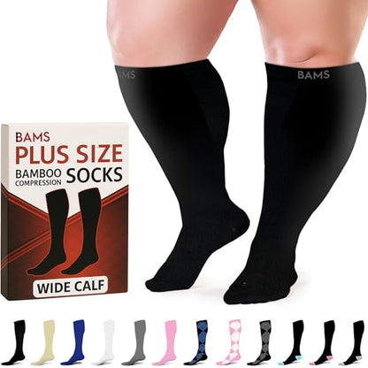 BAMS Plus Size Compression Socks Wide Calf XL XXL XXXL – Graduated Knee-High Support, Viscose from Bamboo Easy-On/Easy-Off - color: Black, size: 3X-Large