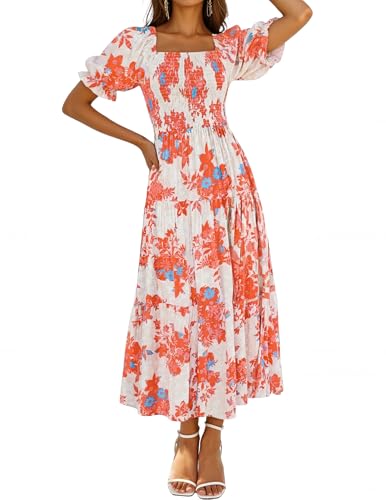 ZESICA Womens 2026 Summer Boho Floral Ruffle Maxi Dress - color: Tangerine, size: Small