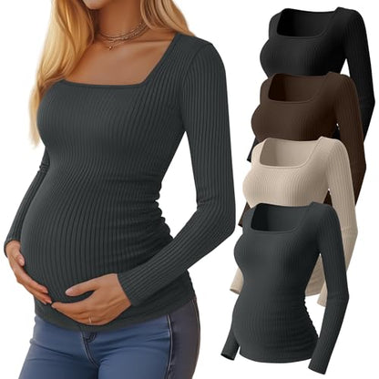 Huukeay 4 Pack Women's Maternity Shirts Ribbed Pregnancy Tops - color: Black, Brown, Light Khaki, Dark Gray, size: Medium